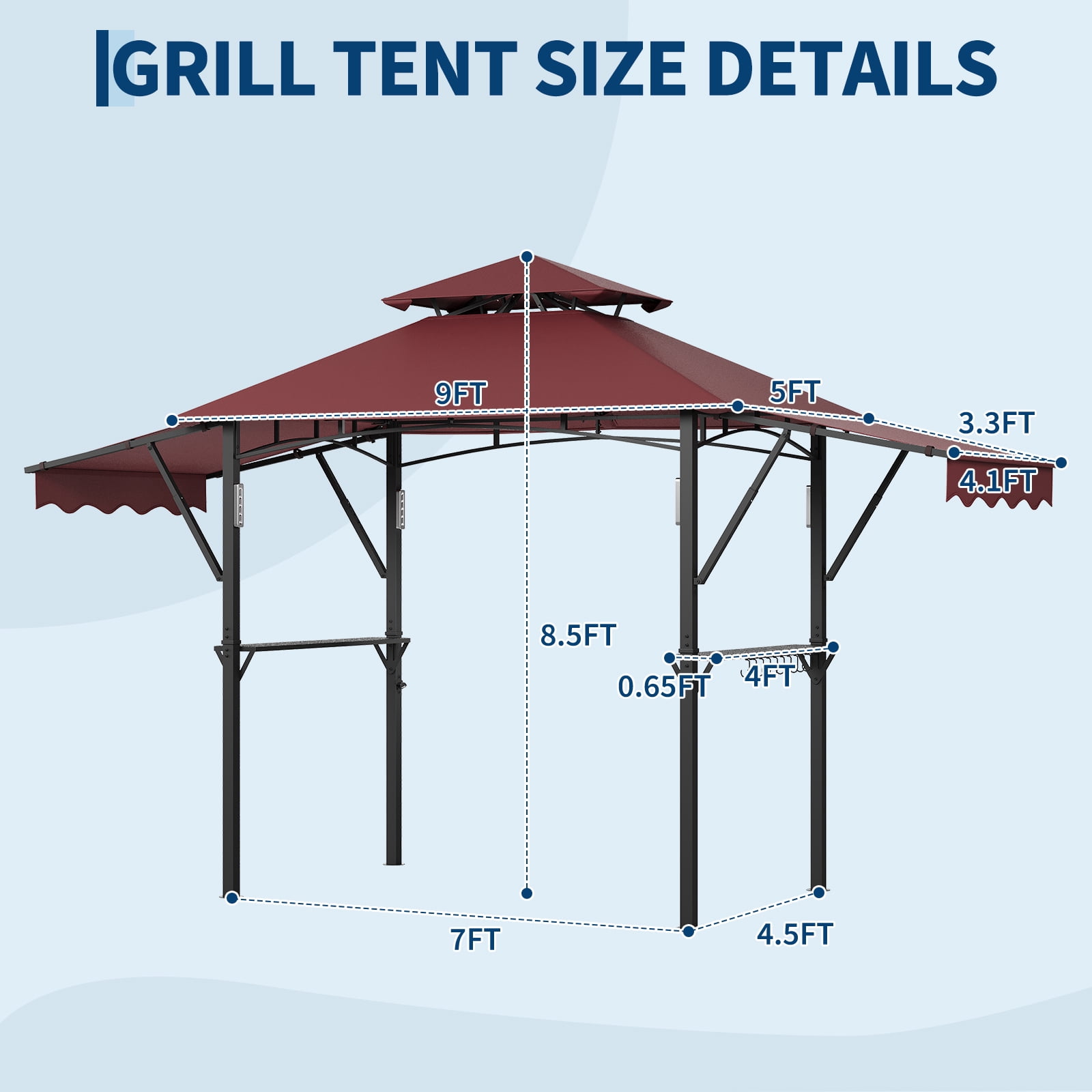 Kicctian 8x5 ft Heavy Duty Grill Gazebo for Outdoor BBQ, Double-Tier Steel Patio Shelter with Adjustable Dual Side Awnings, 2 Utility Shelves, Hooks and 4 LED Lights, for Backyard, Camping, Wine Red
