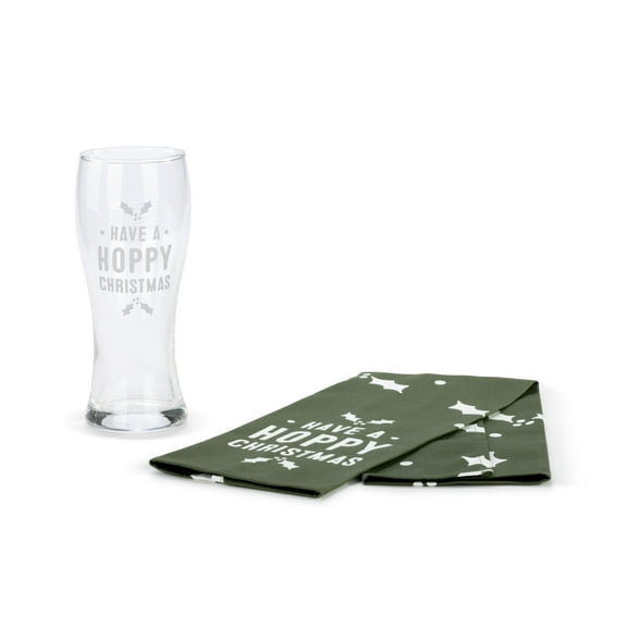 DEMDACO Hoppy Christmas 16 Ounce Pilsner Glass and Hand Bar Towel Set of 2