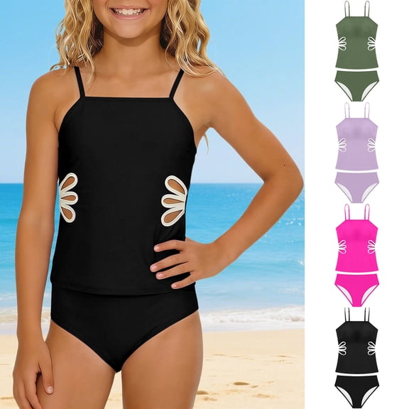 Girls Swimsuit Bikini Set 2 Piece Tankini Swimsuit Adjustable Straps Cut Out Swimwear Black Girls Bathing Suit 14-16 Years