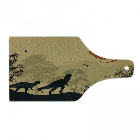 Dinosaur Cutting Board, Silhouettes of Prehistoric Animals Wilderness Landscape Abstract Sun, Tempered Glass Cutting and Serving Board, Wine Bottle Shape, Pale Brown Orange Black, by Ambesonne