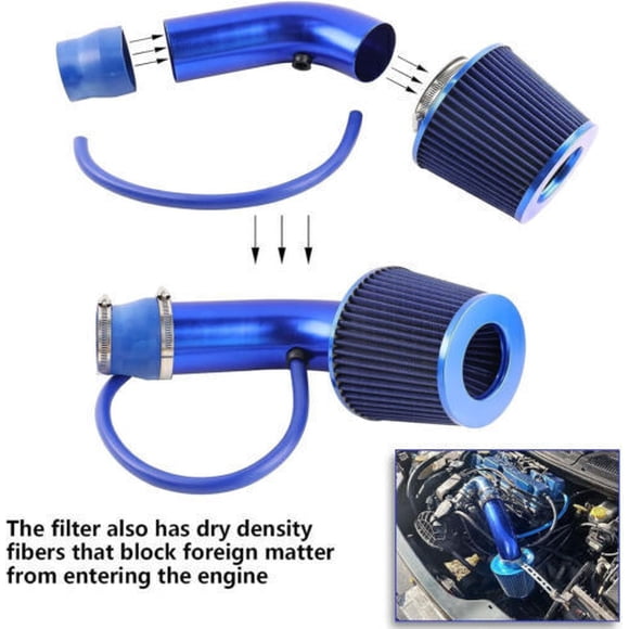 Blue cold air intake filter induction tube power flow hose system for automobiles in the United States-