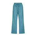 thumbnail image 5 of Capri Pants for Women 2026 Summer Drawstring Elastic High Waist Cotton Linen Pant Straight Wide Leg Cropped Trouser Blue 3XL, 5 of 5