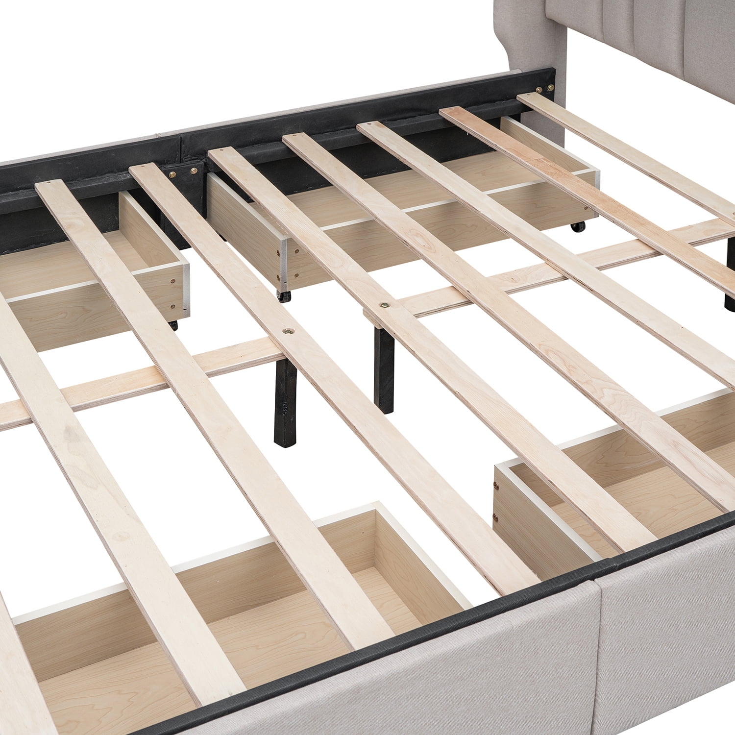 Kepooman Upholstered Platform Bed with Wingback Headboard and 4 Drawers, No Box Spring Needed, Linen Fabric, Queen Size, Beige Kepooman Upholstered Platform Bed with Wingback Headboard and 4 Drawers, No Box Spring Needed, Linen Fabric, Queen Size, Beige