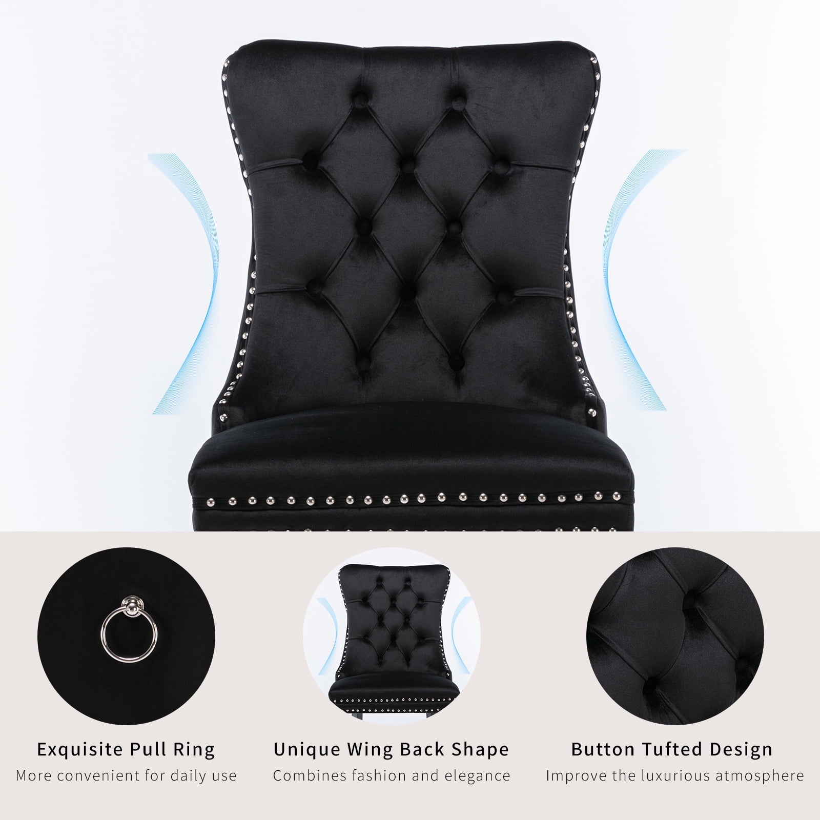 ODUSE-DAILY Black Velvet Dining Chairs Set of 4, Kitchen & Dining Room Chairs, Sillas De Comedor, Nailheads Tufted, Velvet Upholstered, Solid Wood (Black, 4 Pcs)