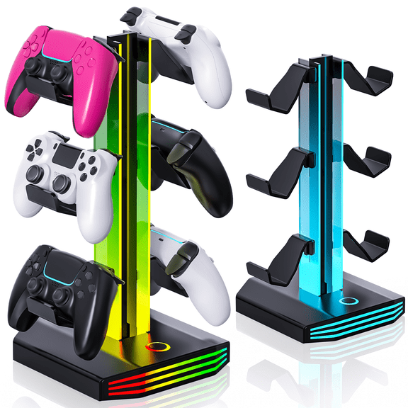 RGB Gaming Headset Stand, 7 Lighting Modes, Supports Headset and Game Controller Storage, Ideal for Desktop Gaming Accessories (Black)