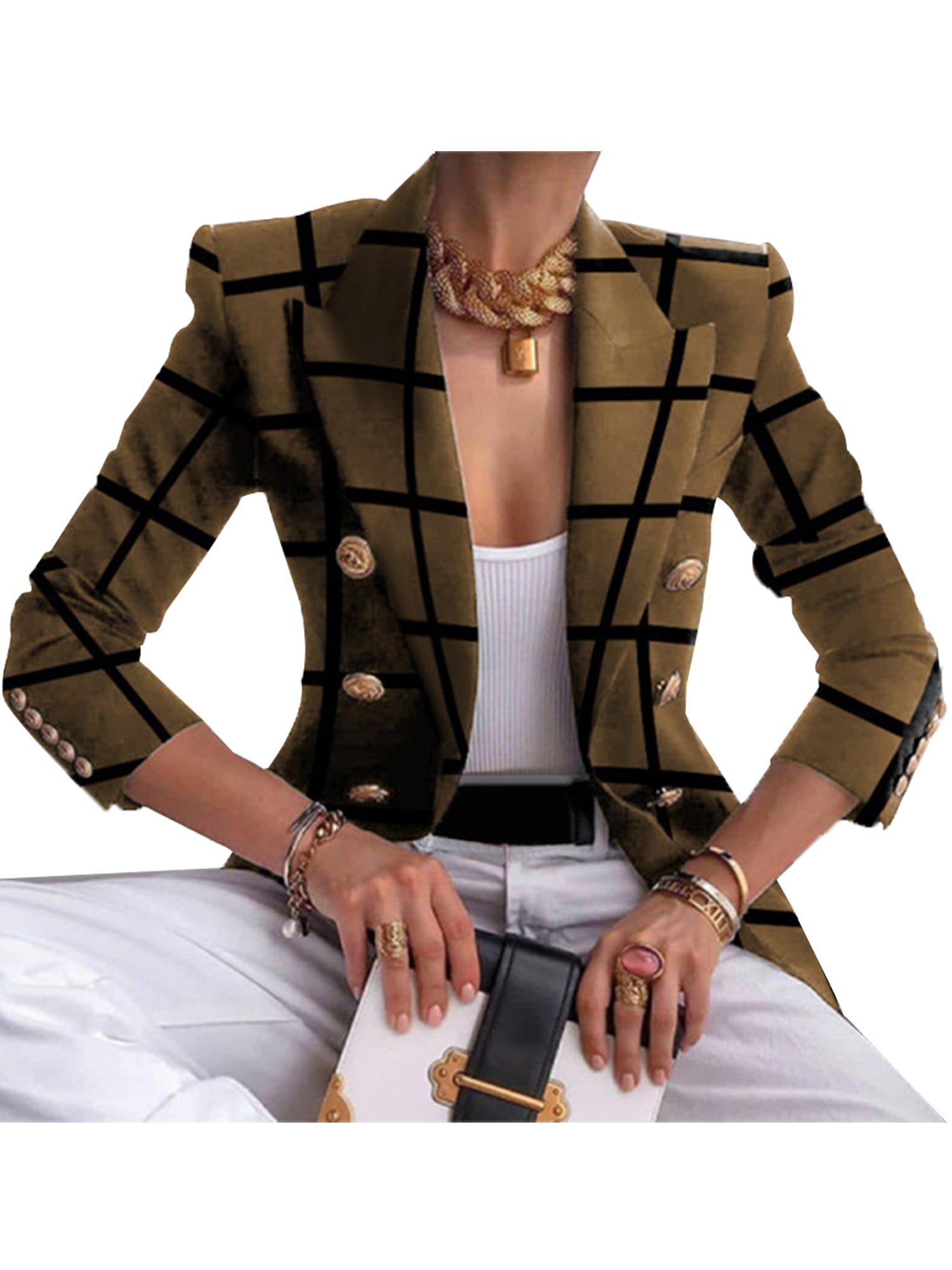 Women /'s Casual Slim Fit Blazer Long Sleeve Plaid Suit Double Breasted Business Jacket Lapel Daily Streetwear Coat