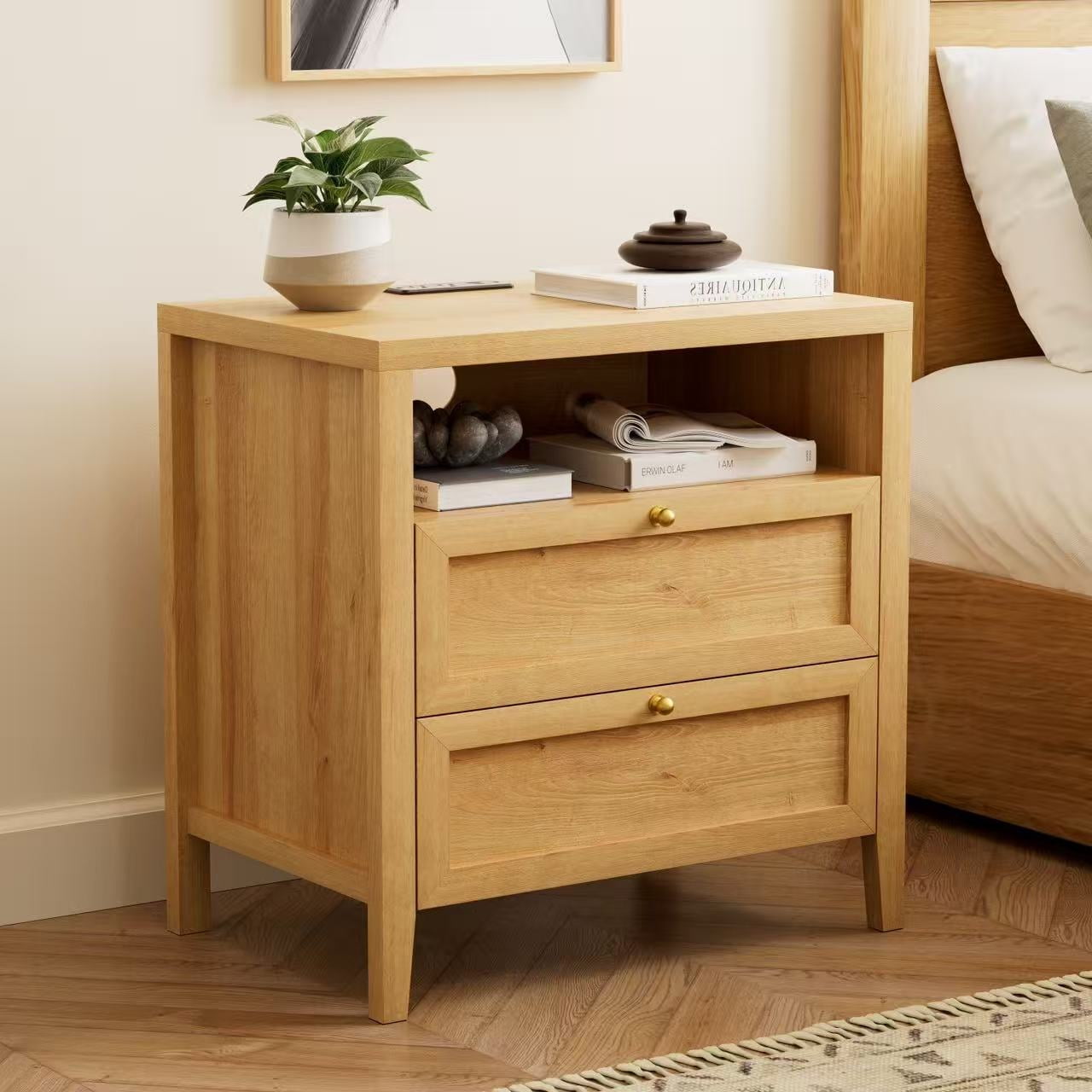 Joyyskill Farmhouse End Table with 2 Drawers Set of 2, Wooden Nightstand with Open Storage Cable Hole Freestanding Wide Bedside Table for Bedroom Living Room Sofa, Natural Oak
