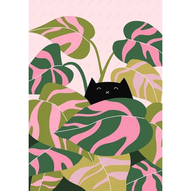 Greenery & Black Cat 5D DIY Diamond Painting — DIY Diamond Painting Craft Kit, Home Decor Art; Size: 30 x 40 cm (Frame Not Included).