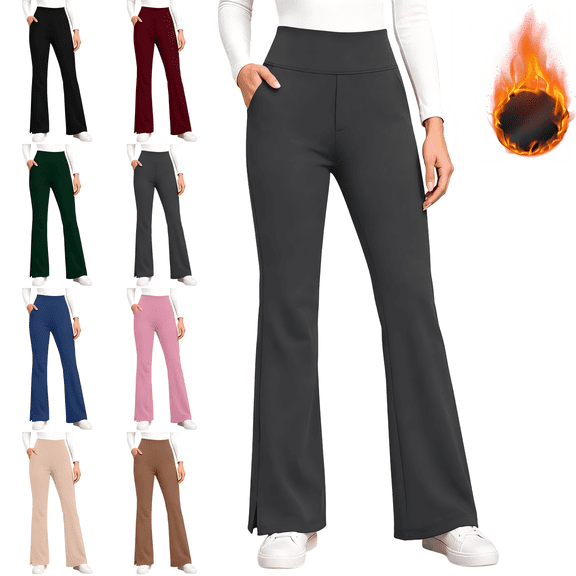CBASIHI Womens Flare Leggings with Pockets Fleece Lined Stretchy Elastic Waist Workout Yoga Pants Gray XL