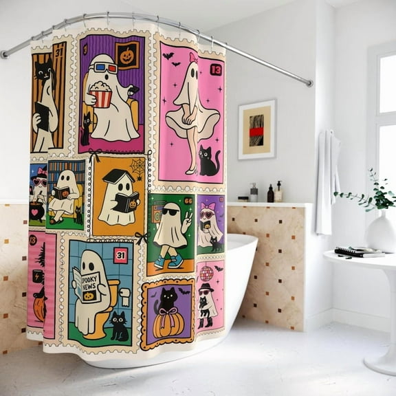 Halloween Shower Curtain Spooky Shower Curtain Unique Bathroom Decor Housewarming Stamp Frame Ghost Reading Pumpkin Cat Coquette Disco Funny Housewarming Gift 60x72in