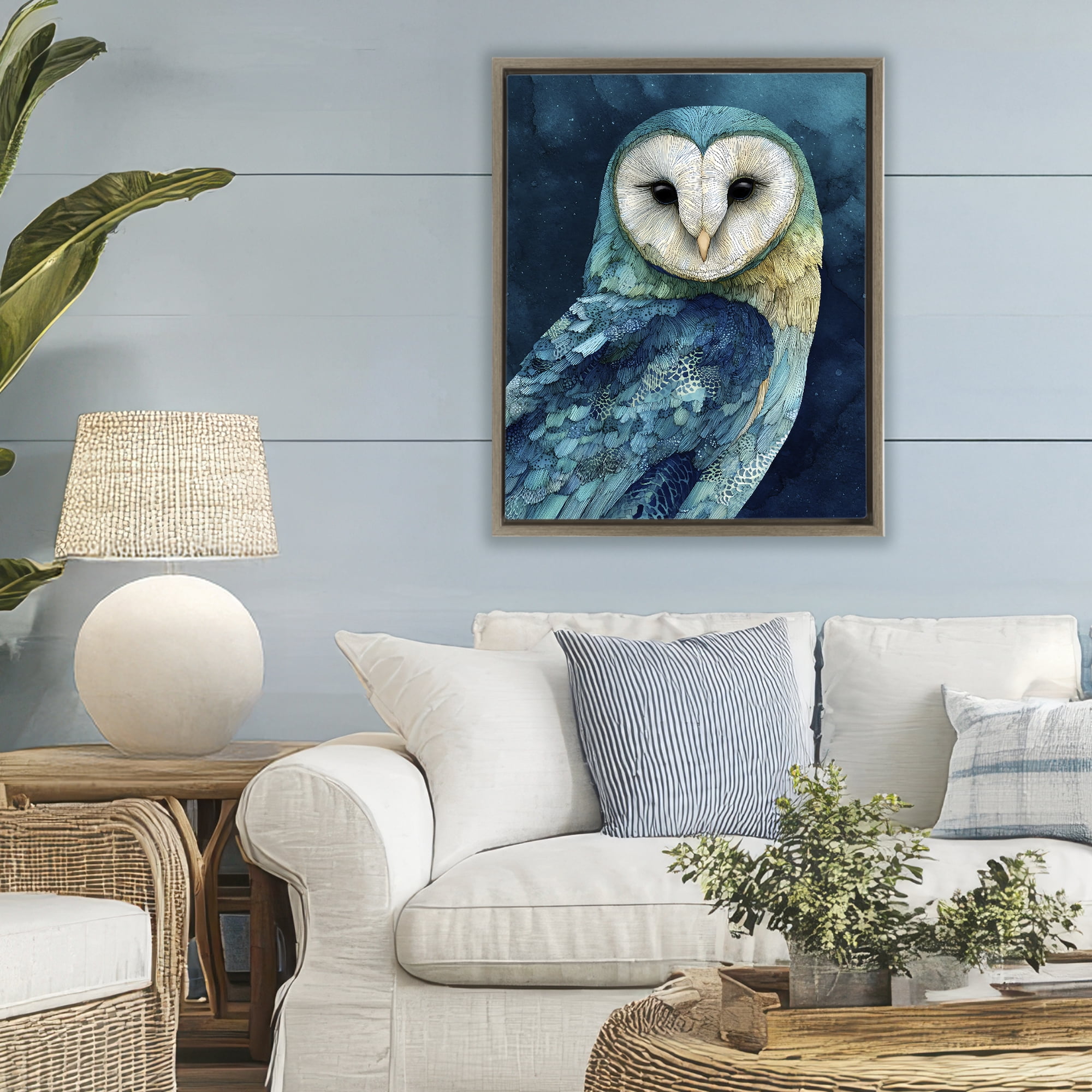 Stupell Industries Cerulean Blue Owl Brown Framed Floater Canvas Wall Art, design by Franklyn Gregory