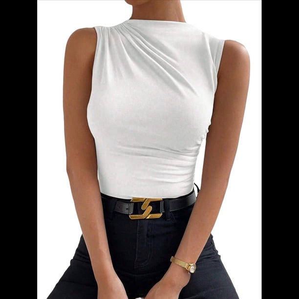 Camiseta de Cuello Alto Sin Mangas, Plisada, de Color Liso, A para Mujer M