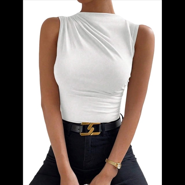 Camiseta de Cuello Alto Sin Mangas, Plisada, de Color Liso, A para Mujer M