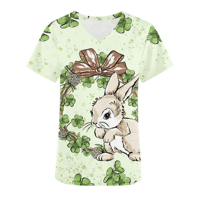 RKSTN Womens Scrub Tops Short Sleeve V-neck Plus Size Tops Bunny Easter Print Comfortable Soft Working Uniform Tops with Pockets
