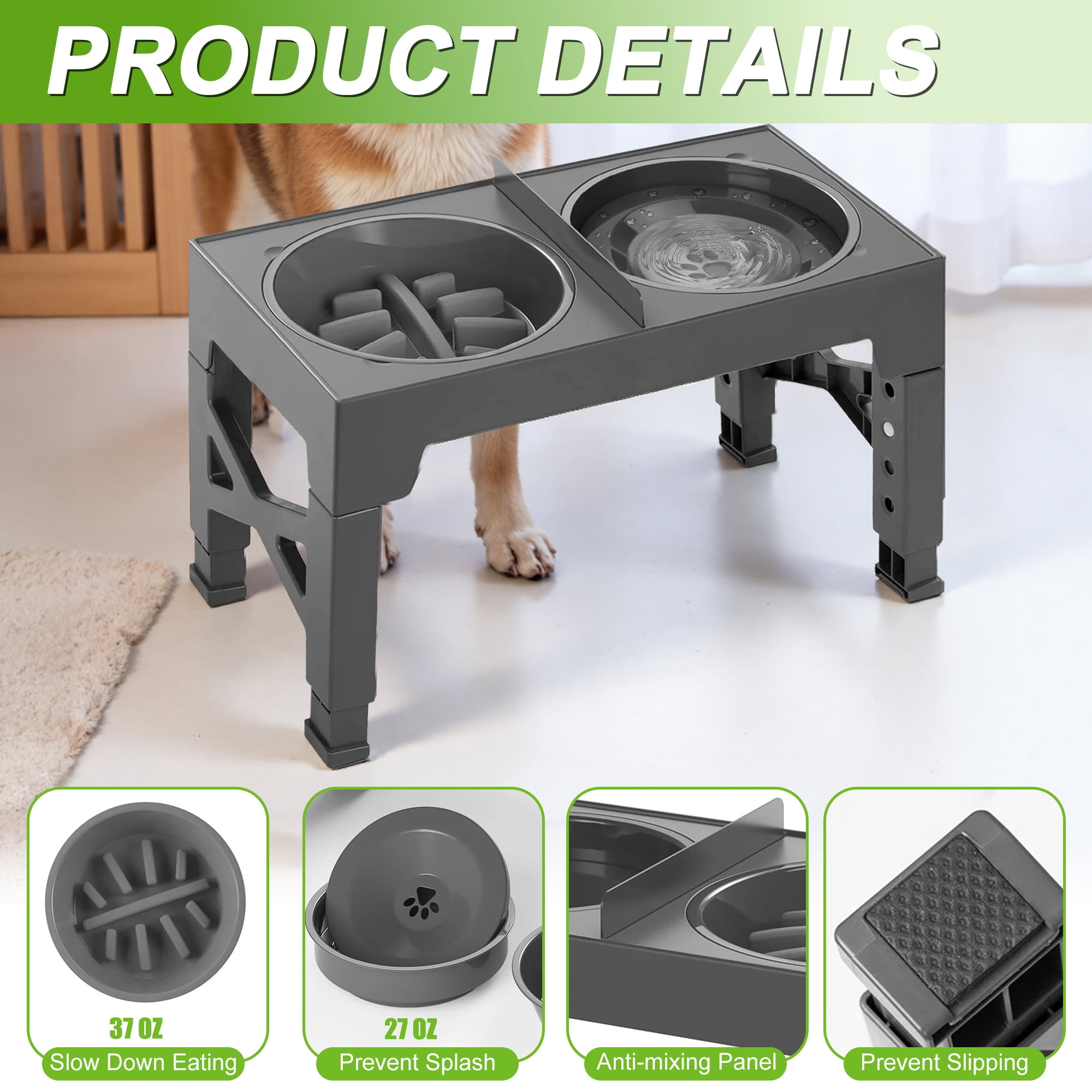 GARITIN Elevated Dog Bowls for Large Dogs, Slow Feeder Dog Food and Water Bowls for Dogs No Spilling, Plastic Raised Dog Bowls with Stand for Medium Dog, Cats and Pets