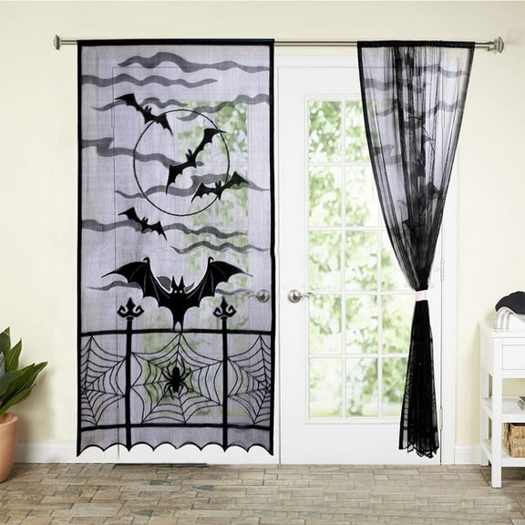 Darzheoy Halloween Batss Lace Curtains - Polyester Fiber Window Door Decor, 40x84 Inch Large Spooky Drape for Home & Hotel Festival Decorations, Multicolor