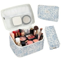 Genreen 3 Pack Large Makeup Bag, Cute Cosmetic Bag for Women Girls, Floral Coquette Aesthetic Toiletry Bag, Travel Make Up Organizer Bag ((Blue Flower))