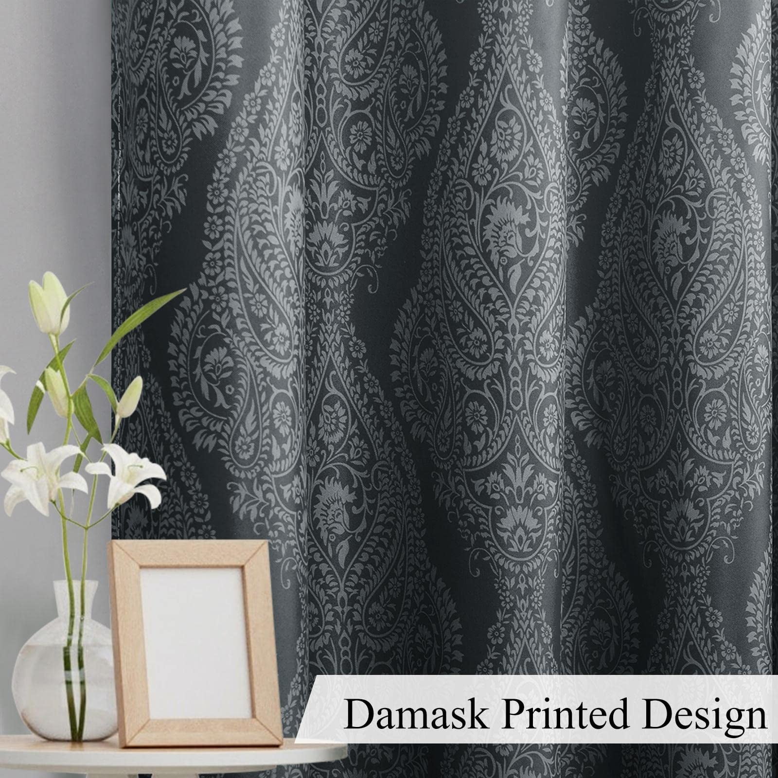 DWCN Ombre Blackout Curtains–Damask Patterned Thermal Insulated Noise Reducing Grommet Curtains for Bedroom Living Room, 52 x 63 Inches, Set of 2 Panels with Tiebacks, Black