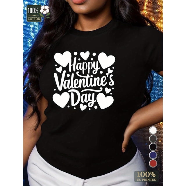 Camiseta de algodón puro para mujer con corazones "Feliz día de San Valentín", ajuste cómodo, para adultos, hombres, mujeres, adolescentes, jóvenes