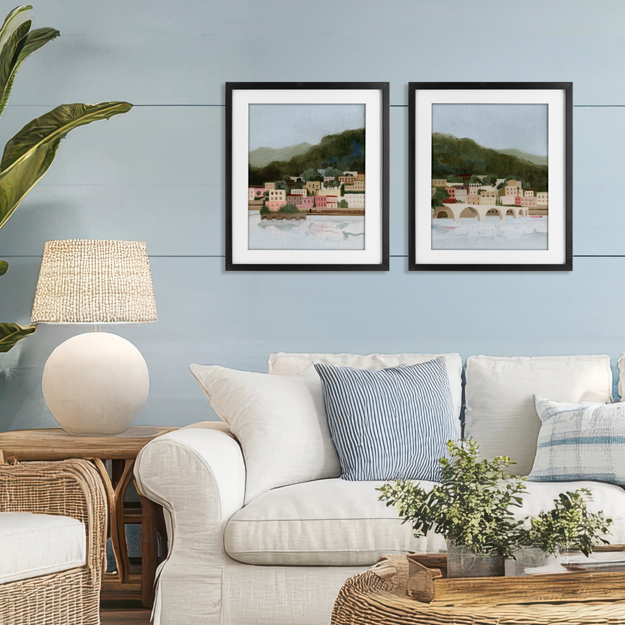 Stupell Industries Mountain Town by Sea 2 Piece Black Framed Print Under Glass Set, design by Grace Popp