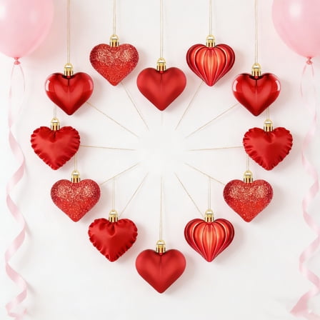 12Pcs Valentines Day Red Decor Heart Ornaments Pink Heart Shaped Baubles Ornaments for Valentine's Day Hanging Decorations or Wedding Anniversary Party Supplies Home Tree