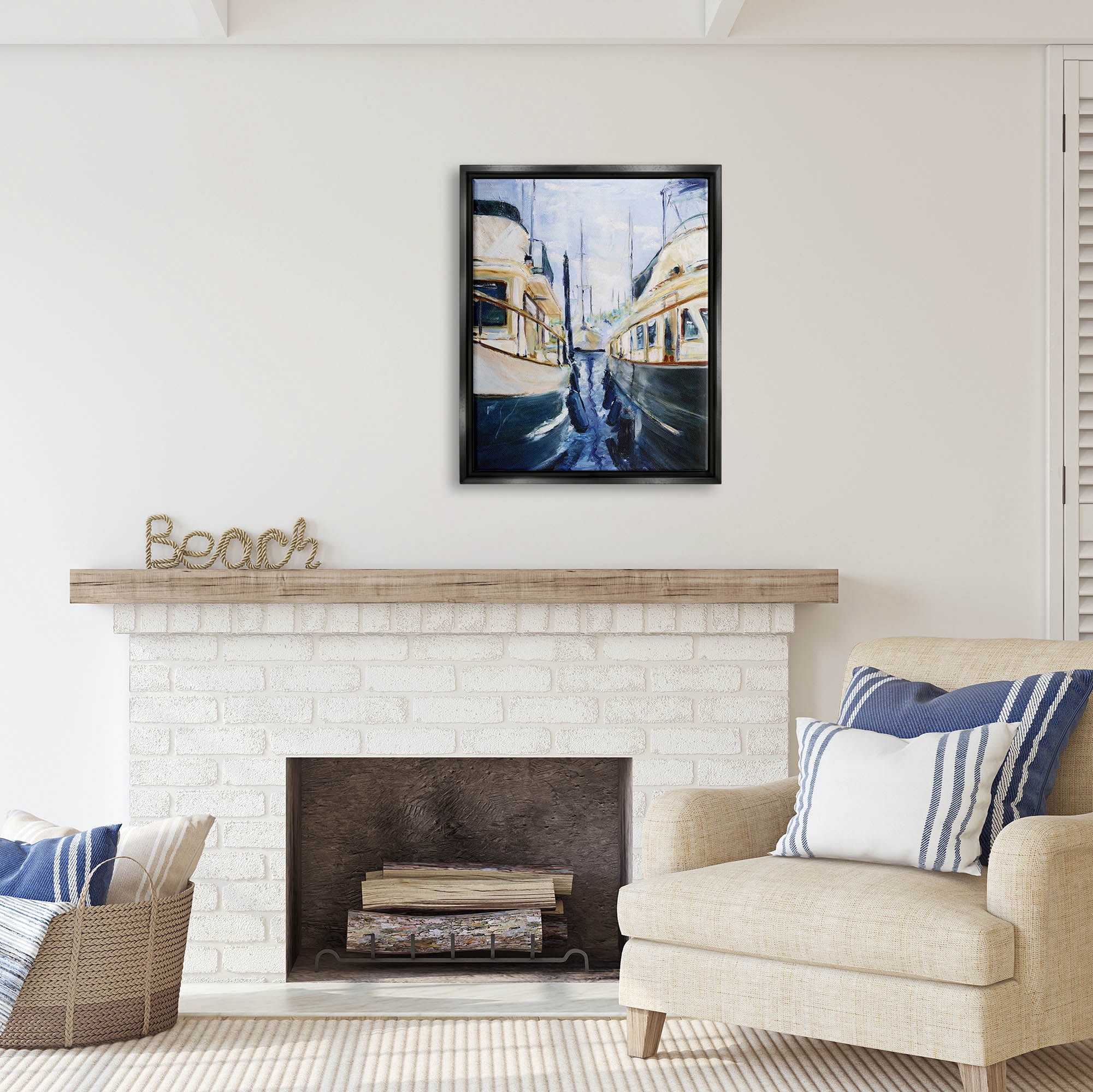 Stupell Industries Marine Harbor Docked Boats Coastal Painting Black Floater Framed Art Print Wall Art