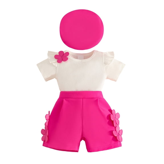 Zanarzt Baby Girl Clothes Baby Girl Spring Summer Outfits Flower Top with Short and Beret Hat Hot Pink,18-24 Months