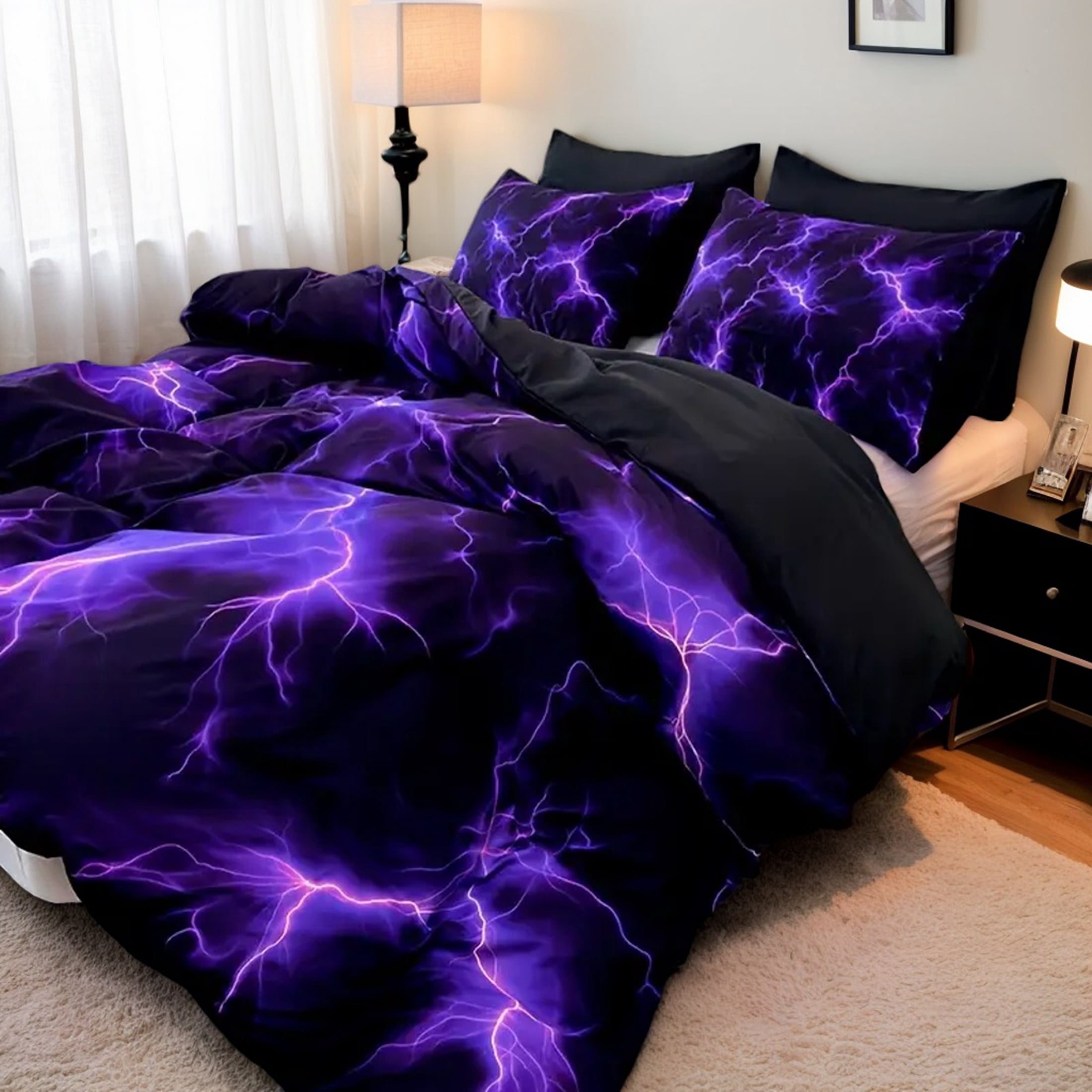 Orylavena Purple Lightning Microfiber Duvet Cover Set, Black Back, Twin