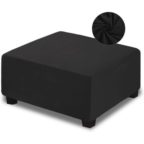 Velvet Ottoman Cover Square, Stretchable Slipcover with Elastic Band for Oversized Footrest Stool Ottoman (XX-Large, Black)