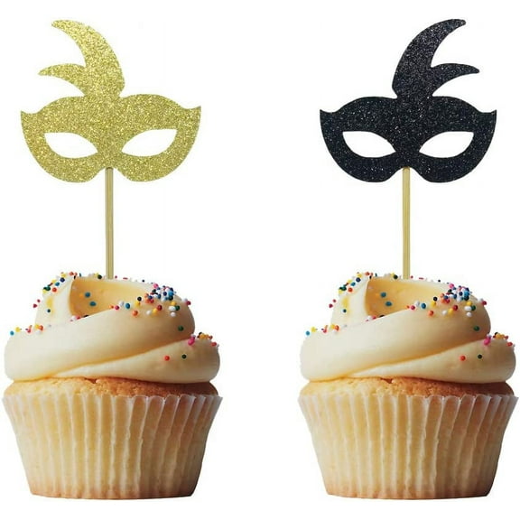 12pcs Gold and Black Masquerade Masks Cupcake Topper for New Year's Party Birthday Party Wedding Party Decorations