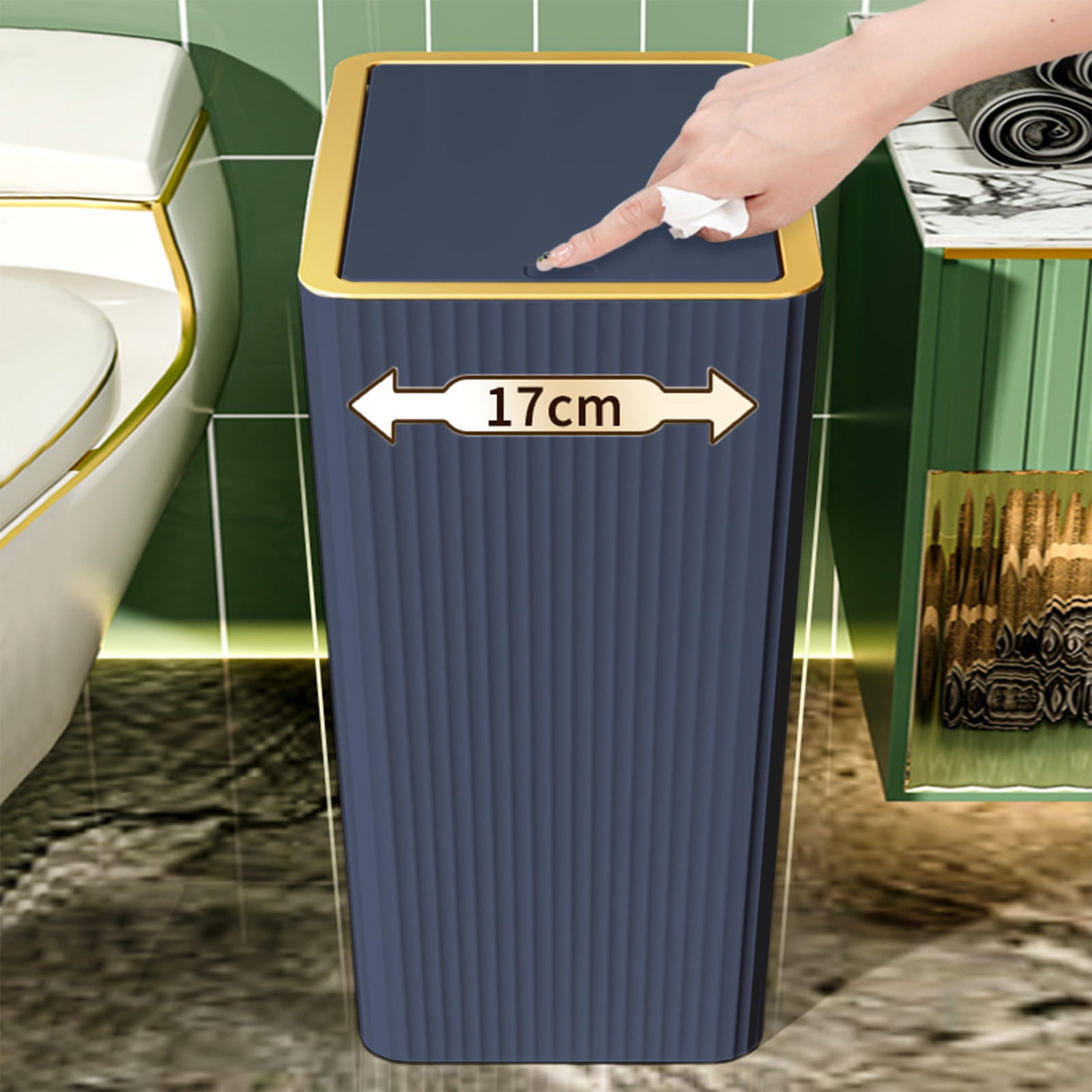 Kingfansion Press Lid Trash Can for Bathroom Kitchen, ABS Odor-Sealing Garbage Bin with Modern Design, 27x26cm Hygiene Household Bin for Bedroom Living Room Office, Blue