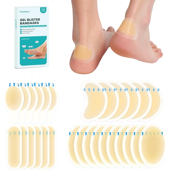 Promifun Hydrocolloid Blister Pads, 28 ct - Water Resistant Hydrocolloid Bandages for Foot Cushions for Prevention & Recovery, Variety Pack,Multi Size,Beige