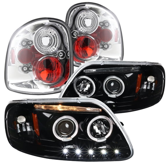 Spec-D Tuning Shiny Black LED Halo Projector Headlights Clear Brake Tail Lamps Compatible with 1997-2003 Ford F150 Left   Right Pair Headlamps Assembly