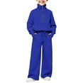 thumbnail image 5 of GiLiling Girls Half Zip 2-Piece Sweatsuit, Mock Neck Pullover Sweatshirt with Thumbholes, Wide Leg Jogger Sweatpants Set, Cozy Tracksuit for Kids (Dark Blue, 13-14 Years), 5 of 9