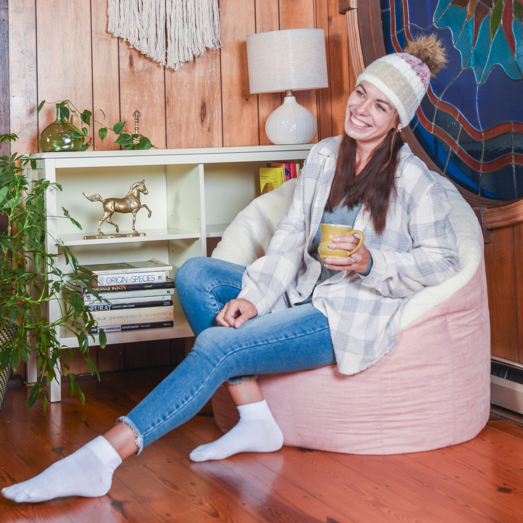 Big Joe Milano Adult Bean Bag Chair, Oat Sherpa and Desert Rose, Vegan Suede, 2.5 feet