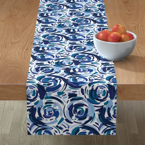 Table Runner Indigo Circles Abstract Blues Geometric Swirls Navy Cotton