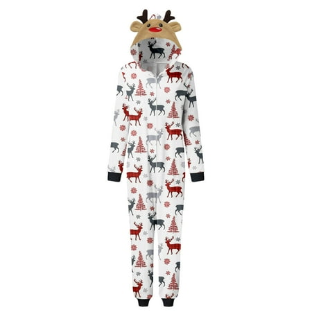 

Youmylove Women Merry Christmas Sets White Printed Hooded Zipper Jumpsuit Family Outfit