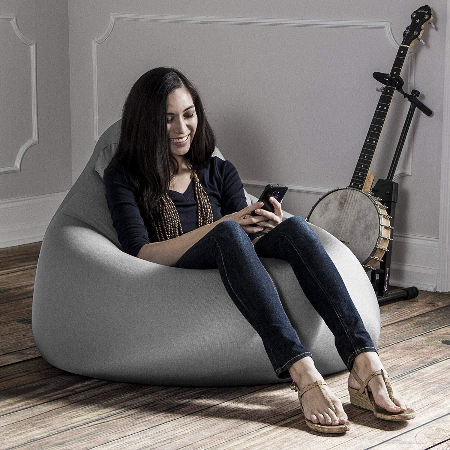 Jaxx Nimbus Spandex Bean Bag Chair for Adults-Furniture for Rec, Family Rooms and More, Large, Silver