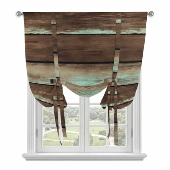 Brown Teal Wooden Balloon Curtains for Bedroom/Front Door/Bathroom, Vintage Farmhouse Retro Art Tie Up Curtains 63 Inch Length Light Filtering Kitchen Curtains Shades for Windows 46"x63"