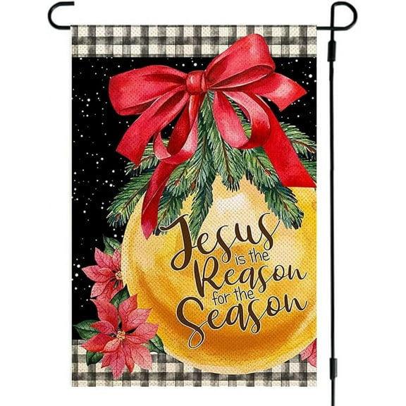 Christmas Balls Garden Flag 12.5x18 Double Sided, Winter Christmas Flags for Outside, Jesus is the Reason for the Season Flag, Red Bow Poinsettia Xmas Yard Flag (I)