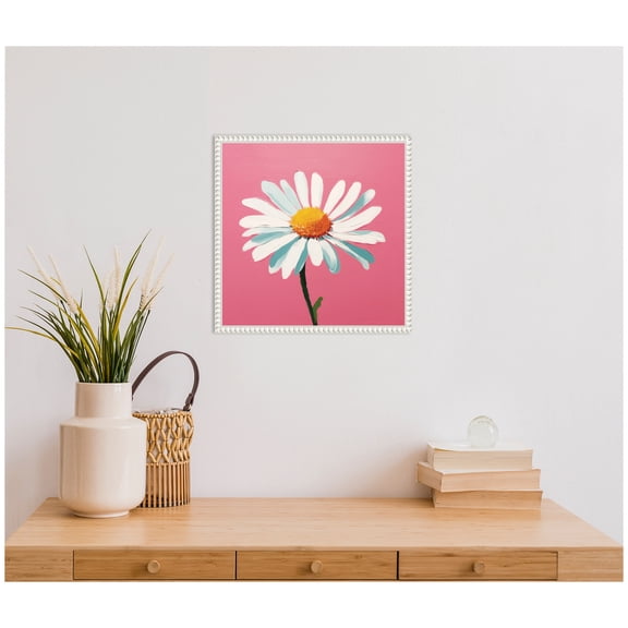 Kate and Laurel Delicate Daisy 2 Pink Framed Canvas Wall Art by The Creative Bunch Studio 16 x 16 Sylvie Beaded White, Whimsical, Flowers, Nature Art for Wall Decor, Living Room, Bedroom