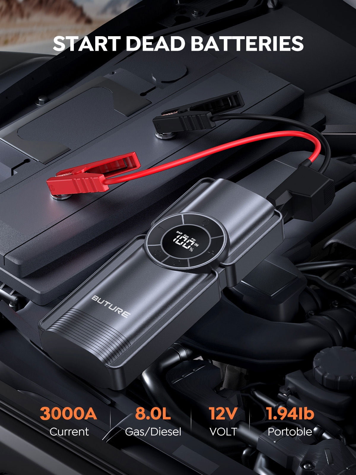 BuTure Booster Batterie et Compresseur d'air Portatif 2500A,23800mAh  Démarreur de Voiture (Tout Gaz ou 8,0 L Diesel), Gonfleur Elect - Cdiscount  Auto