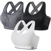 FITTIN Cross Back Sports Bras for Women - Seamless Sports Bra with Removable Padded for Yoga Gym Workout B-pack of 3 Black/White/Grey Large