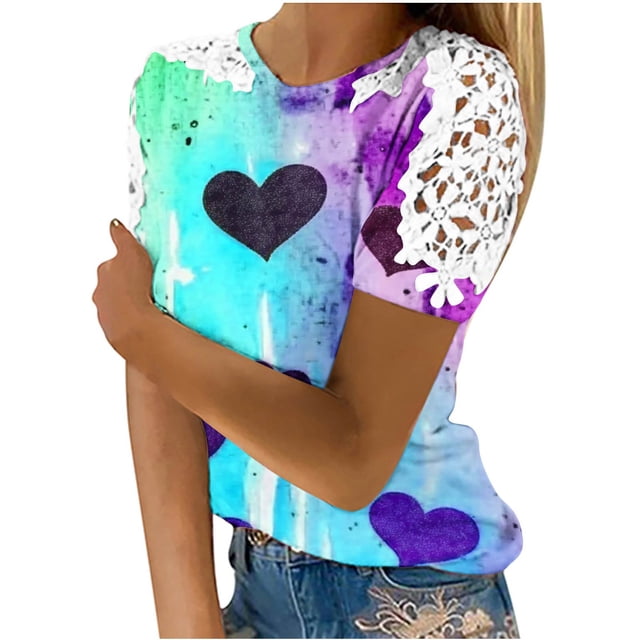 Camisas de Manga Corta para las Mujeres Impresión Cuello Redondo Suéter Encaje Blusa, Top Casual para el Hogar Y Diario