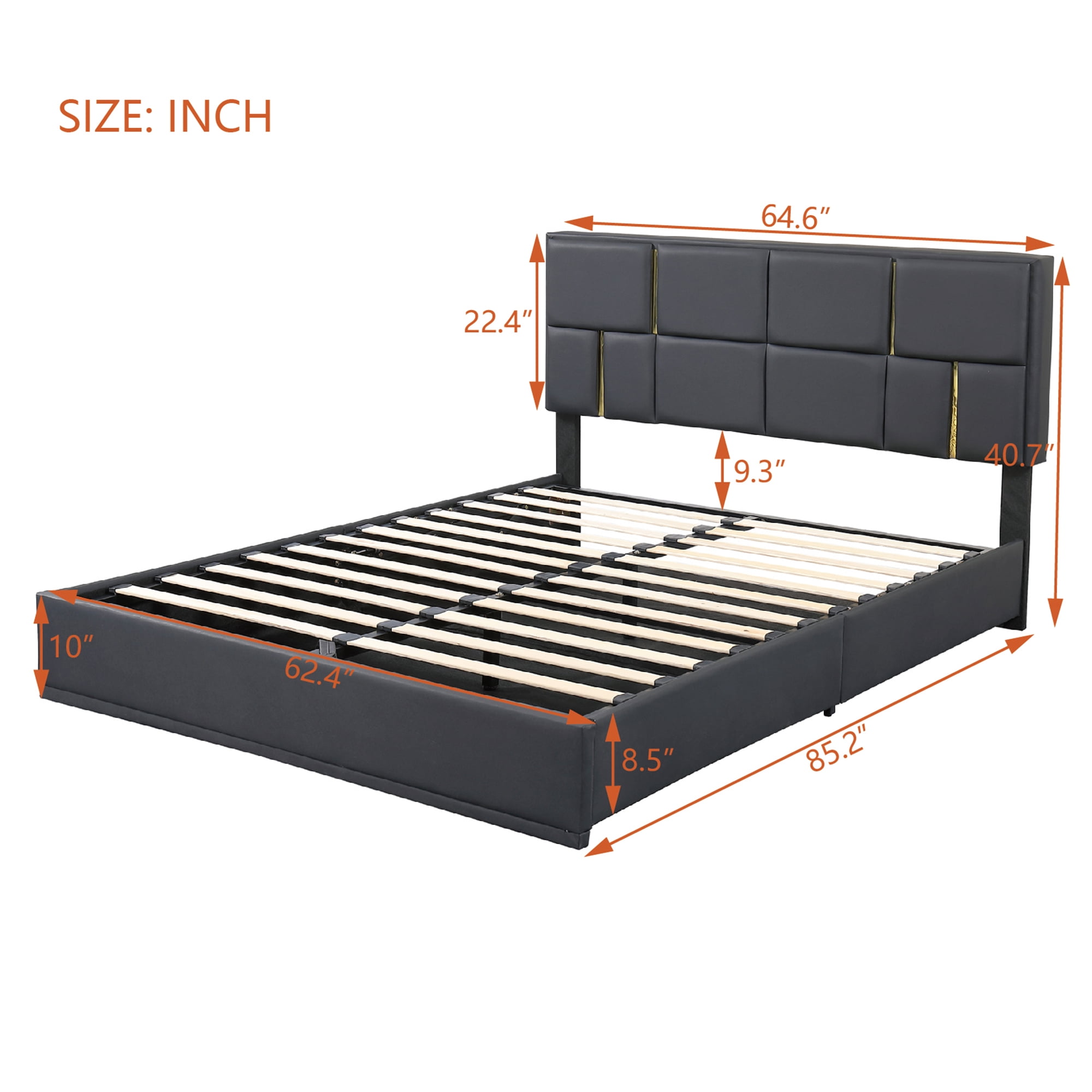 Euroco Upholstered 2 Pieces Bedroom Furniture Set, Queen Size Platform Bed with Hydraulic Storage System and Storage Ottoman, Black
