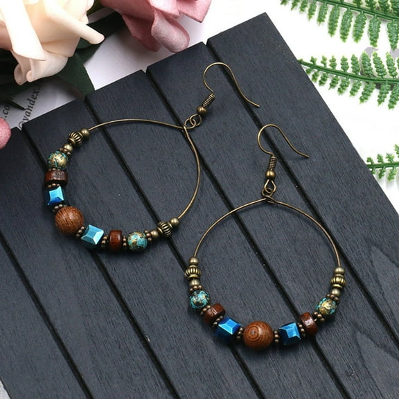 Anvazise Bohemian Big Circle Wooden Beads Hook Earrings Women Ethnic Faux Turquoise Jewelry style 1