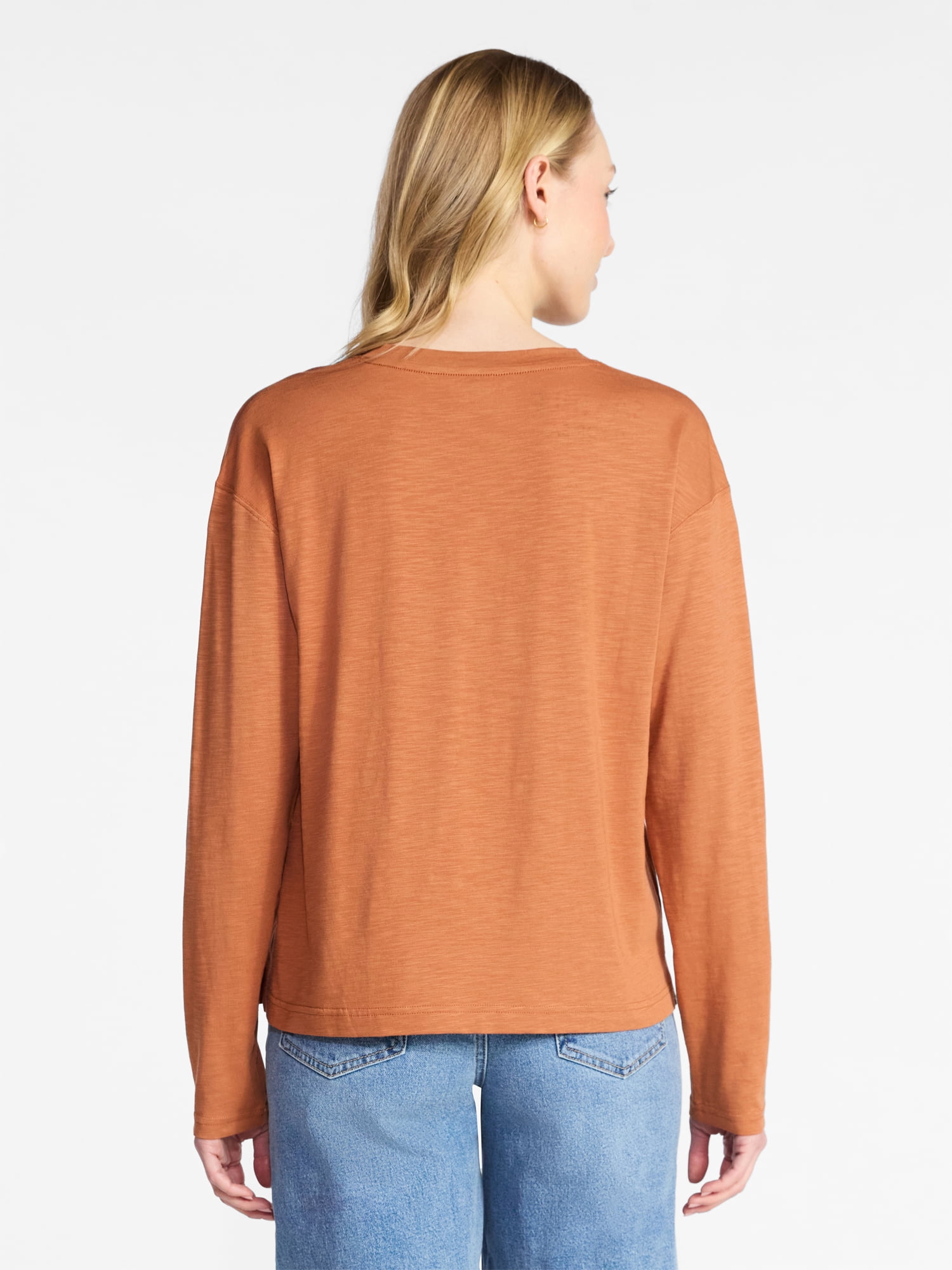 Time and Tru Women's Boxy Slub V-Neck Tee with Long Sleeves, Sizes XS-XXXL