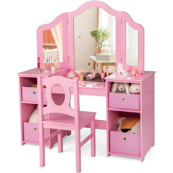 INFANS Kids Vanity, Princess Makeup Desk and Chair Set with Lights Mirror Drawer Storage Shelves, Wooden Dressing Table, Pretend Play Vanity Set for Toddler Girls