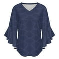 thumbnail image 5 of Navy Blue Crackle Texture Women's V-Neck Blouse With 3/4 Ruffled Bell Sleeves Casual Top Ladies Blouses, 5 of 7