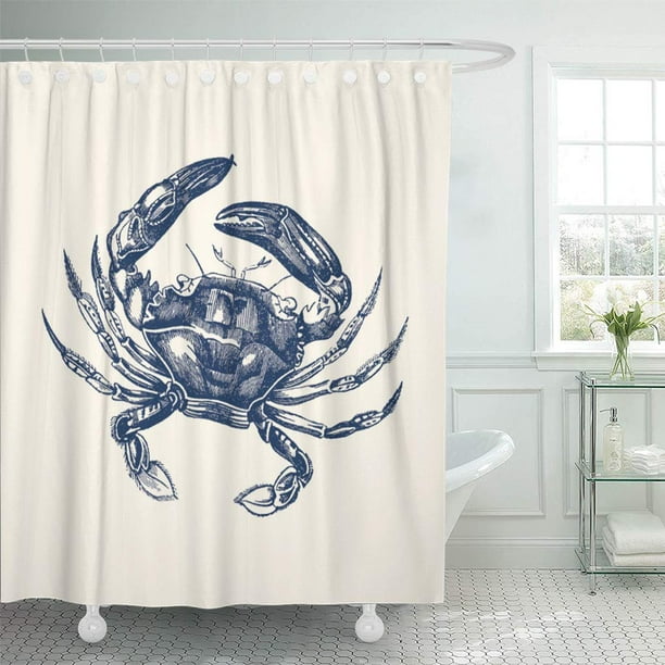 Cynlon Crustacean Vintage Crab Blue On Fish Ocean Beach Bathroom Decor Bath Shower Curtain 66x72 Inch Walmart Com Walmart Com